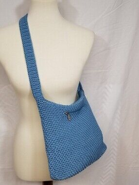Vintage The Sak Dusty Blue Crochet Shoulder Bag - Blue Nylon Lined Purse